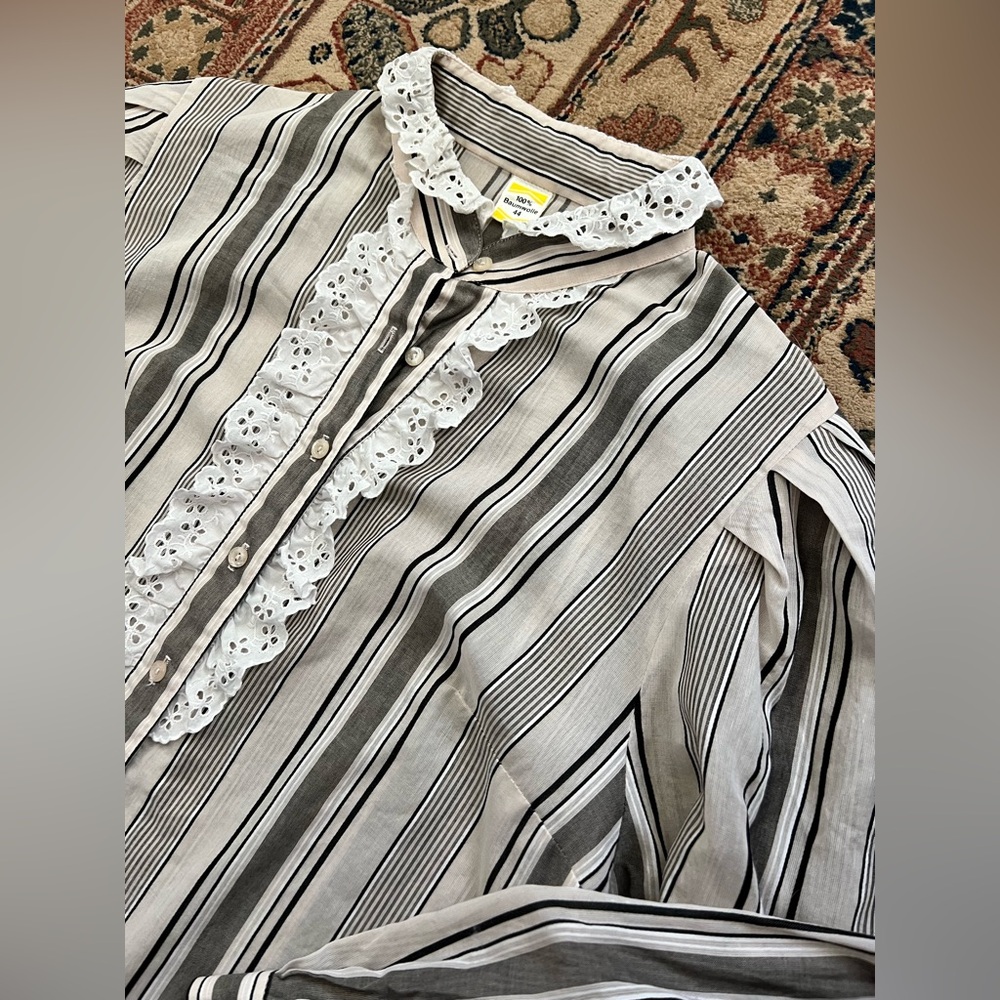 Striped Ruffled Front Button-Up Blouse - Neutral Stripes - Picture 3 of 5